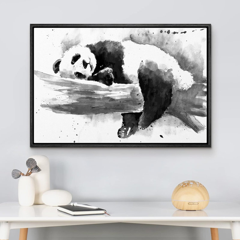 Animals " Watercolor Explosion Black And White Sleeping Panda ", Black Framed, 24'' H x 36'' W