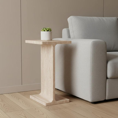 Table de bout à piédestal en marbre beige 22 po