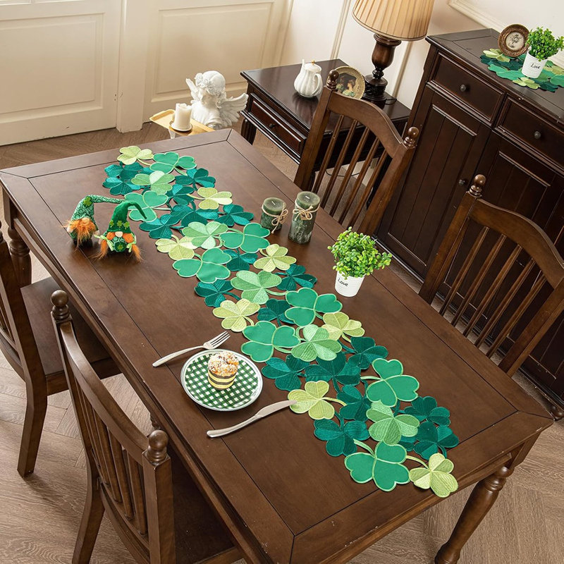 Embroidered Irish Clover Table Runner, St. Patrick’S Day Green Shamrock Decor For Kitchen And Dining, 59" L x 1" W