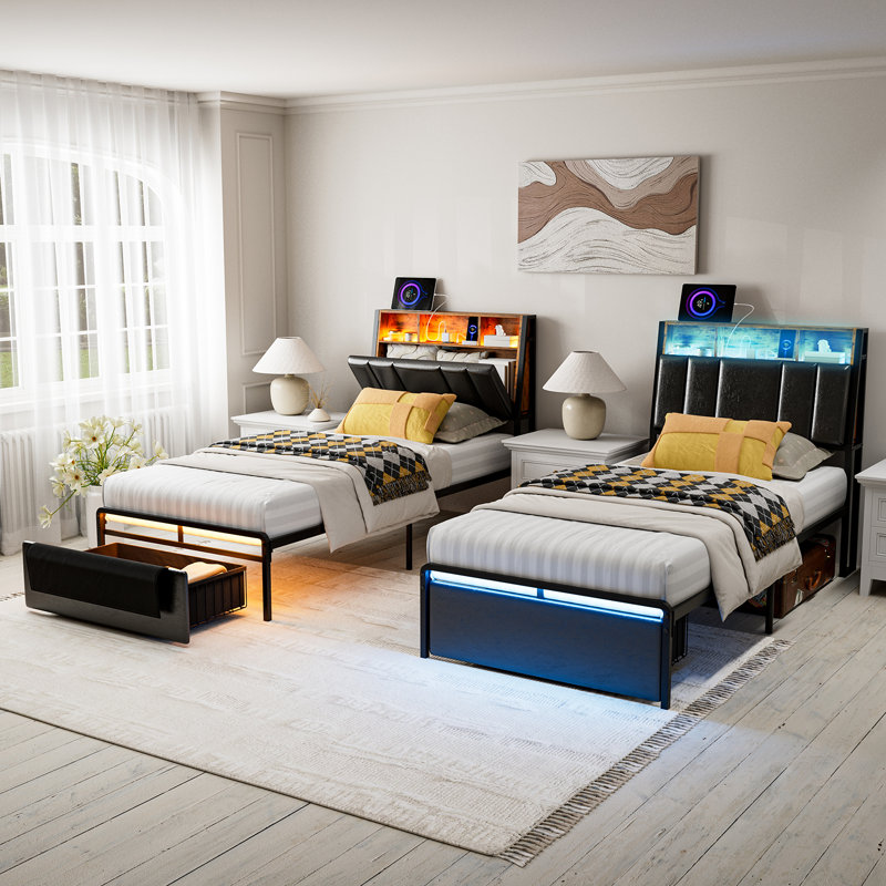 Orren Ellis Bed Frames With Dustproof Storage Drawer, Ergonomic Hidden Storage Headboard With Charging Station, Upholstered Faux Leather Led Platform Bed, No Box Spring Needed, Easy Assembly, Black
