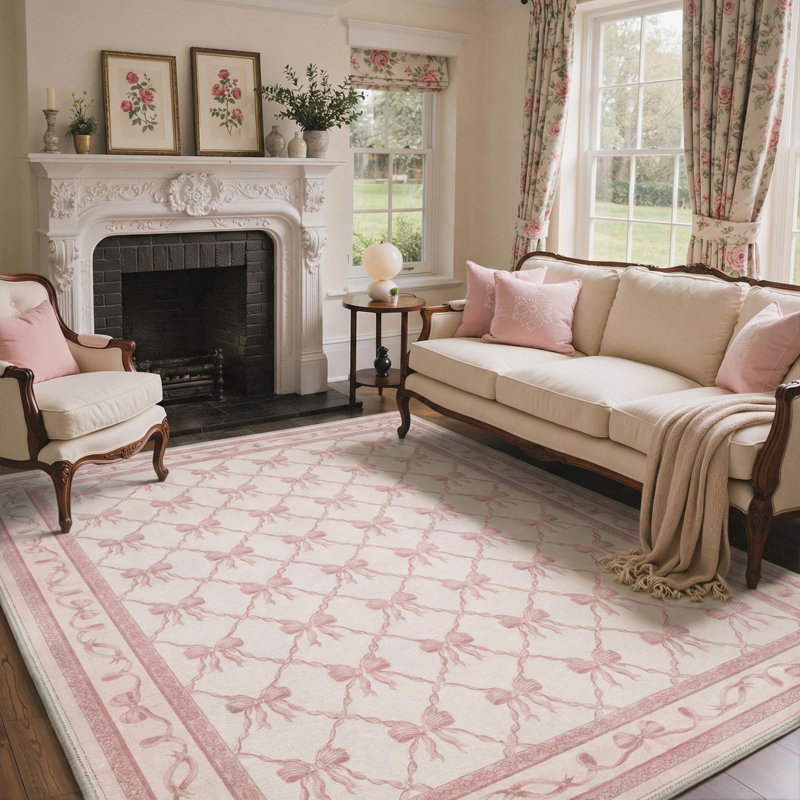 Coquette Pink Bow Trellis Machine Washable Non-slip kids Area Rug, Rectangle 5' x 7'