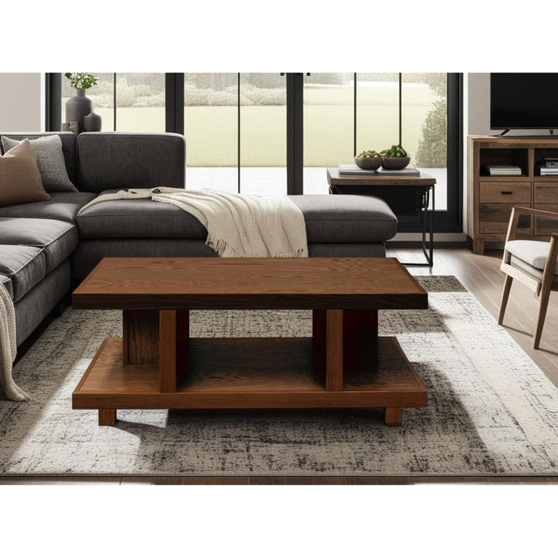 Table basse, fabrication en chêne, largeur de 49 pouces, finition bourbon, tablettes ouvertes, conception sans assemblage en pouces,
