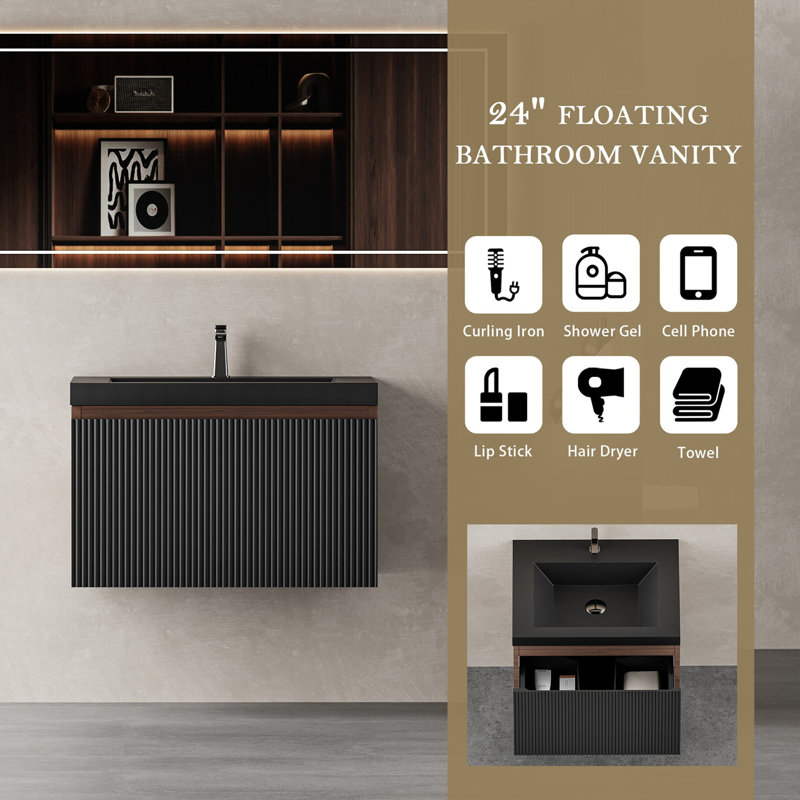 Meuble-lavabo flottant avec lavabo, Noyer / noir, Noir, 24"