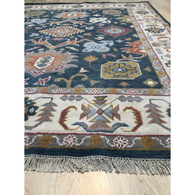 Blue Hand-Knotted Wool Floral Medallion Border Classic Traditional Modern Contemporary Carpet Rug, 10' x 14'