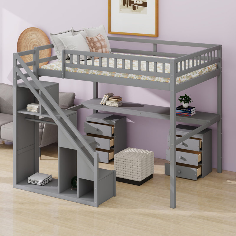 Lit mezzanine moderne avec deux tiroirs de commode, bureau d'étude et bande lumineuse, Grey, Lit double