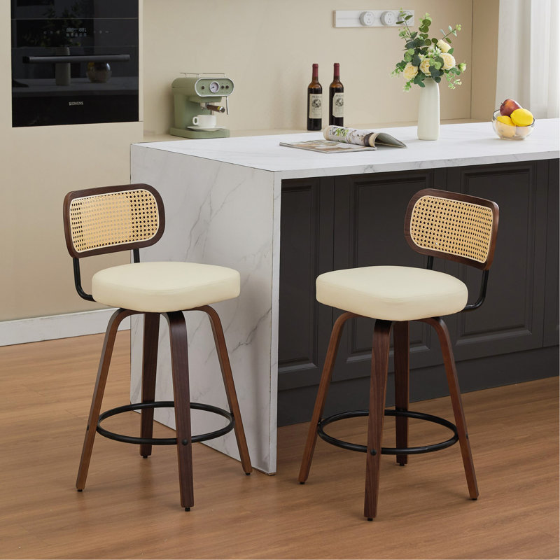 Set Of 2 Counter Height Bar Stools - 26 Inch Rattan Counter Height Stools With Cane Back, Upholstered Seat, Walnut Craftsmanship, Swivel Counter Stools For Island/Kitchen/Counter/Bar (Walnut /Beige)