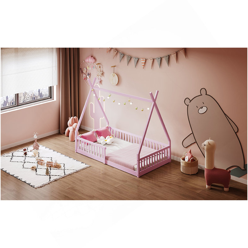 Lit simple en bois avec clôture, rose