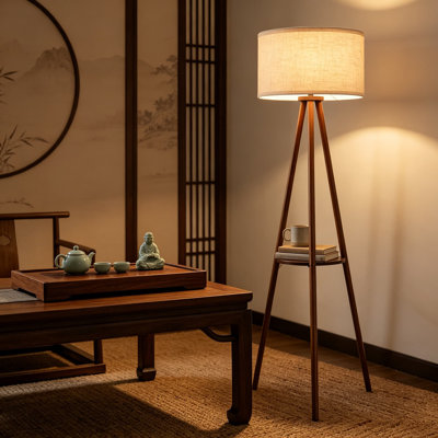 Modern Floor Lamp with White Drum Shade, Adjustable Height Wood Tripod Design, 3 Color Temperatures LED Bulb Included, for Living Room, Bedroom, Office