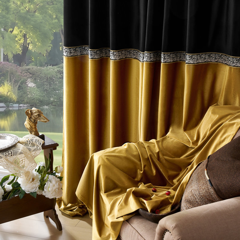 Rideau thermique obscurcissant en velours brodé, patchwork de couleur unie pour salon (ensemble de 2), Black/Gold