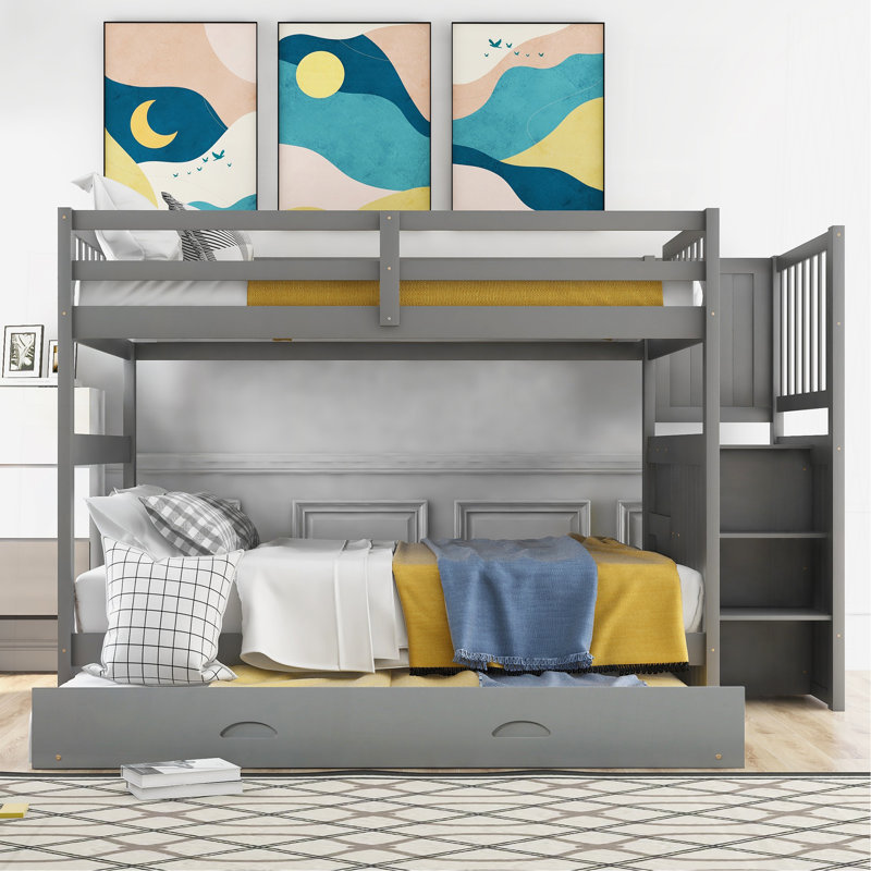 Lit superposé double au-dessus de double avec lit gigogne simple, gris