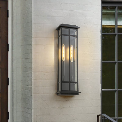 2-Light Matte Black Iron & Glass IP44 Outdoor Wall Sconce