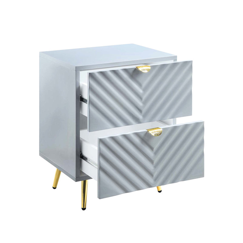 Table de chevet grise ultrabrillante avec 2 tiroirs et pieds en métal pour un confort moderne et efficace