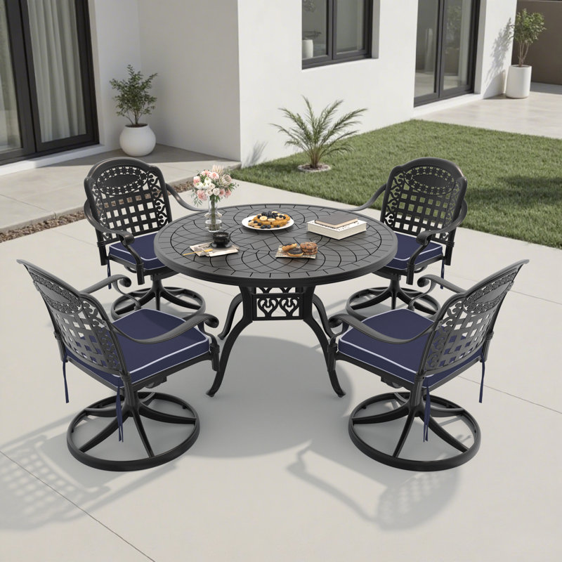 5-Piece Patio Dining Set, 47.24" Round Dining Table & 4 Swivel Chairs with Blue Cushions, 28.35" H x 47.24" L x 47.24" W