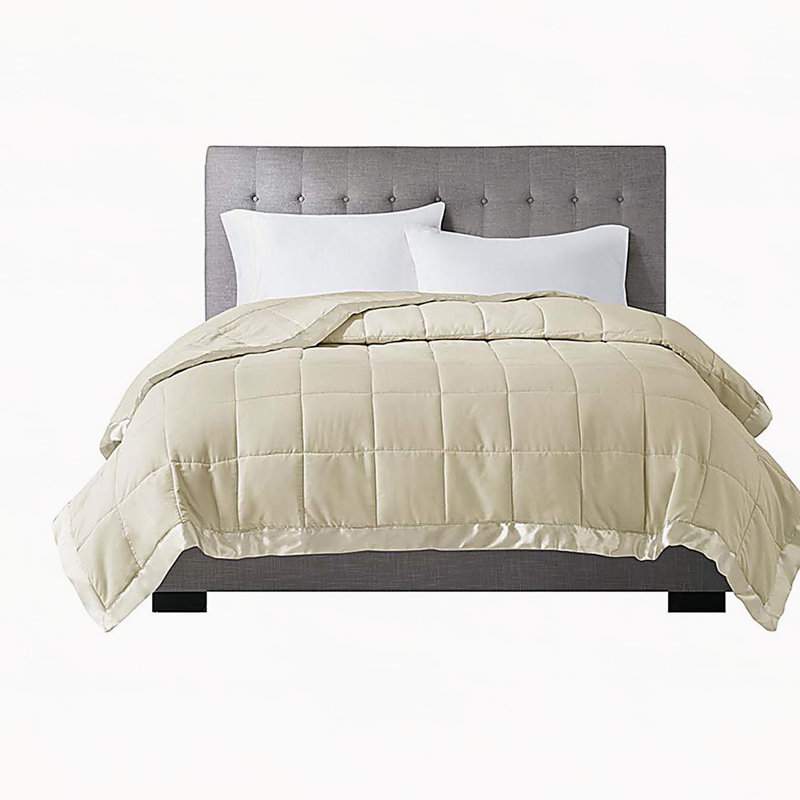 Couverture légère en duvet synthétique avec bordure satinée crème simple, Crème, crème, Lit simple