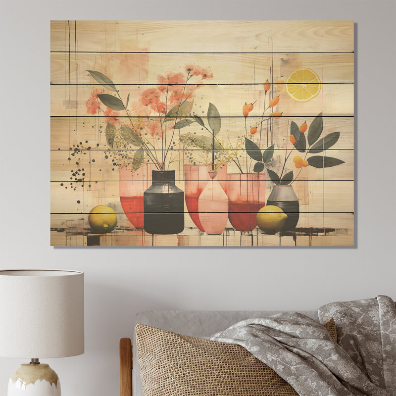 Boho bleu et jaune - poterie bohème sur bois, H 34 po x l 44 po