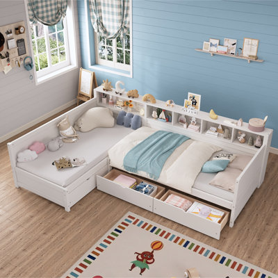 Lit de jour simple pour 2 personnes, structure de lit simple en L avec 3 tiroirs de rangement, lit d'angle en bois avec bibliothèque, cadre de lit d'angle pour chambre à coucher, salon, blanc