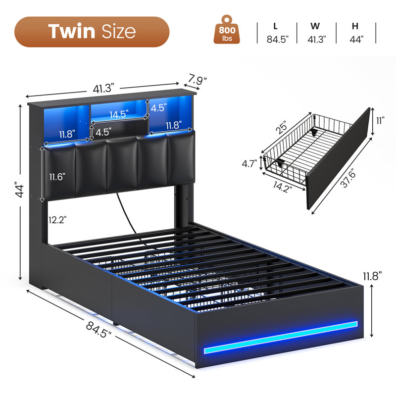 Structure de lit plateforme tapissier simple avec station de charge, 4 tiroirs et lumières DEL, robuste, aucun sommier requis