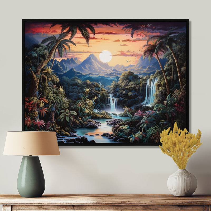 Décoration murale, cascade, paradis tropical, coucher de soleil sur les montagnes, H 30 po x l 40 po