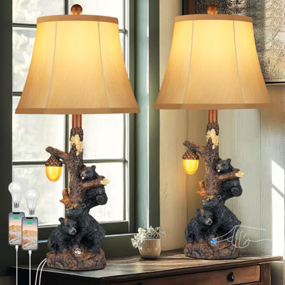 Set Of 2 Bear Bedside Table Lamps For Bedroom With Nightlight & USB A+C, Touch Accent Cottage Table Lamps For Living Room, Farmhouse Rustic Animal Nightstand Lamps For Western Cabin Christmas Decor