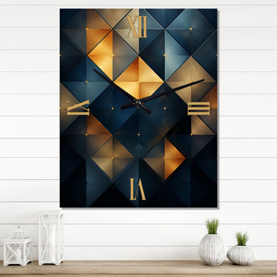 Golden Diamond Rising On Retro Navy Blue II - Modern Geometric Very Large Wall Clocks