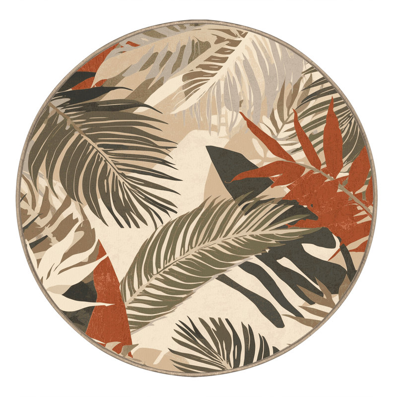 Machine Washable Pacchiana Global Inspired Block Print Rug in Beige – Beige Binding, 3' Round