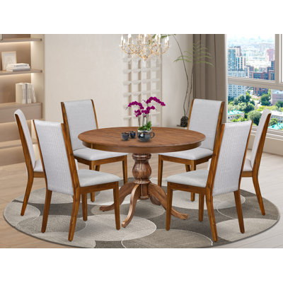 7-Piece Dining Table Set Contains A Mid Century Dining Table and 6 Grey Linen Fabric Dining Chairs with High Back, Antique Walnut