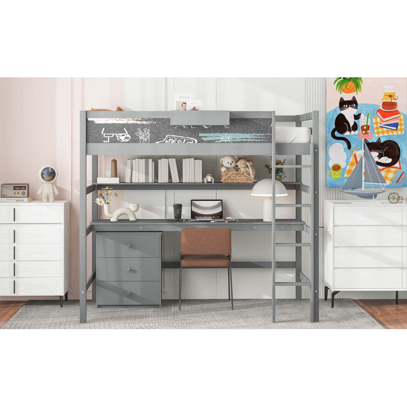 Lit mezzanine simple en bois avec bureau, tableau noir, boîte de rangement, tablette et 3 tiroirs, Gris