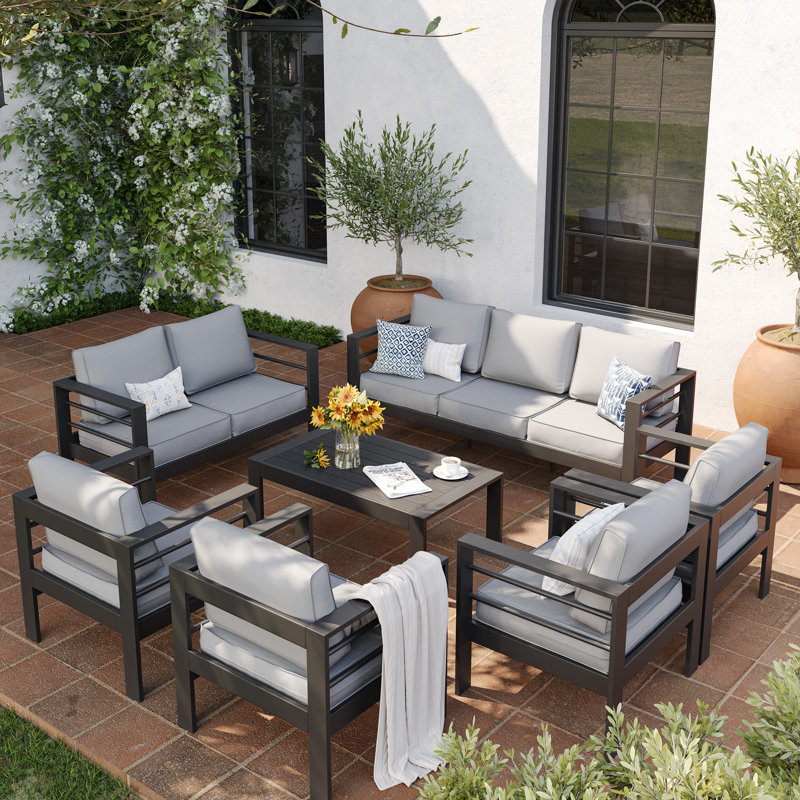 Braecona 9-Person Outdoor Seating Set With Cushions, Dark Gray Frame/Light Gray Cushion