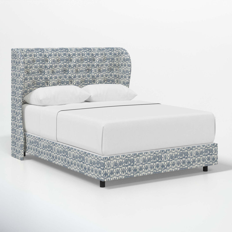 Tomey Upholstered Wingback Bed, King, Texture Block Blue