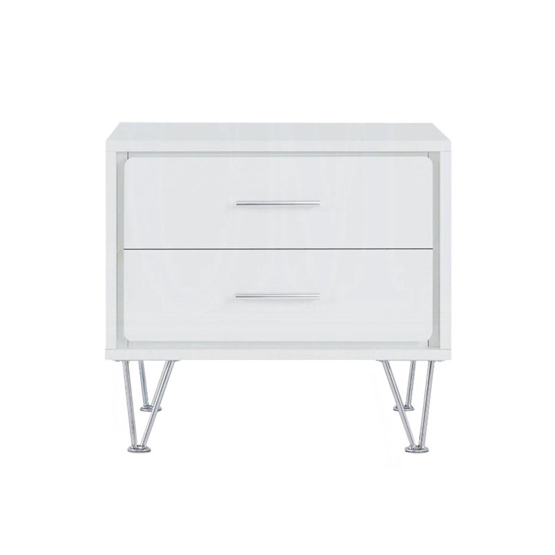 Table de chevet 2 tiroirs avec pieds en métal, table de chevet, Chrome/blanc