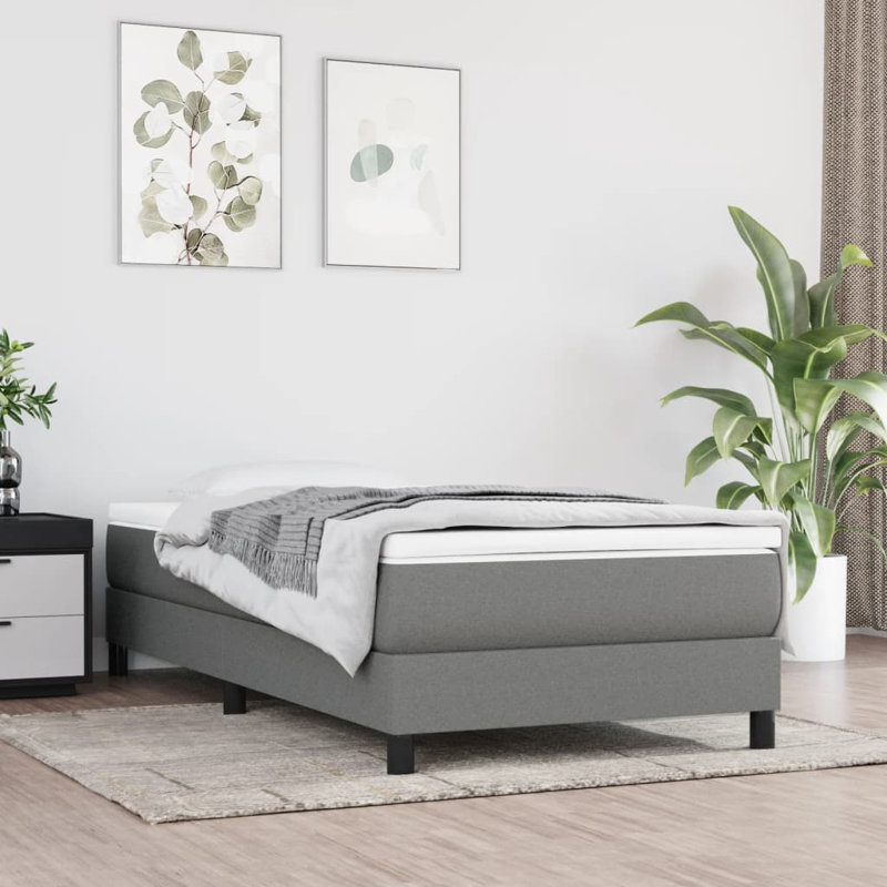 Structure de lit 100% polyester gris foncé avec contreplaqué et lit plateforme tapissier en bois d'ingénierie, Gris foncé