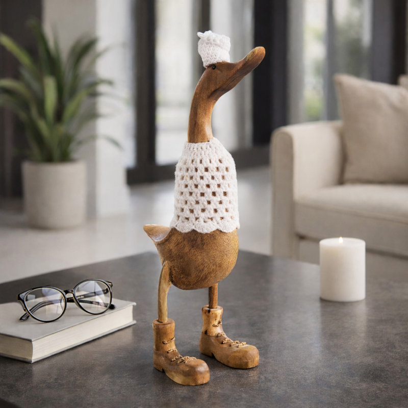 Decorative Wooden Duck Figurine Sculpture - Whimsical Home Decor Accent For Office Accessory Or Living Room Decoration - 20", Brown & White