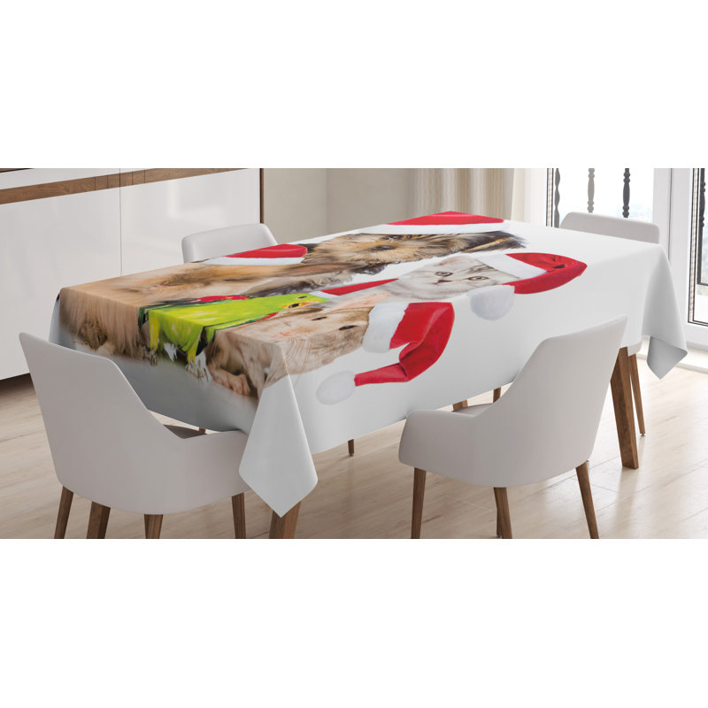 Xmas Crew Cat Dog Bird Mouse and Rabbit Bunny with Santa Hats Grumpy Pets Picture Tablecloth, 72" x 52"