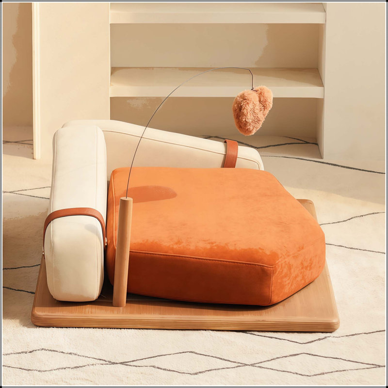 Grand lit pour animal de compagnie en bois avec placage de chêne, tissu résistant aux égratignures et mousse à haute résilience