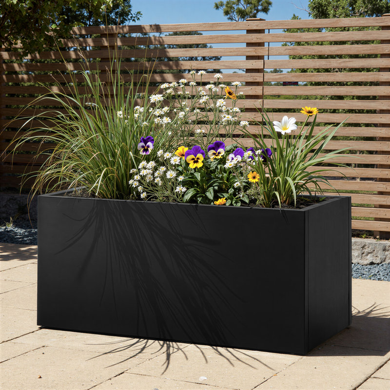 Metal Rectangular Planter Box with Drainage Holes, Outdoor Plant Container for Patio, Yard, or Balcony, BLACK