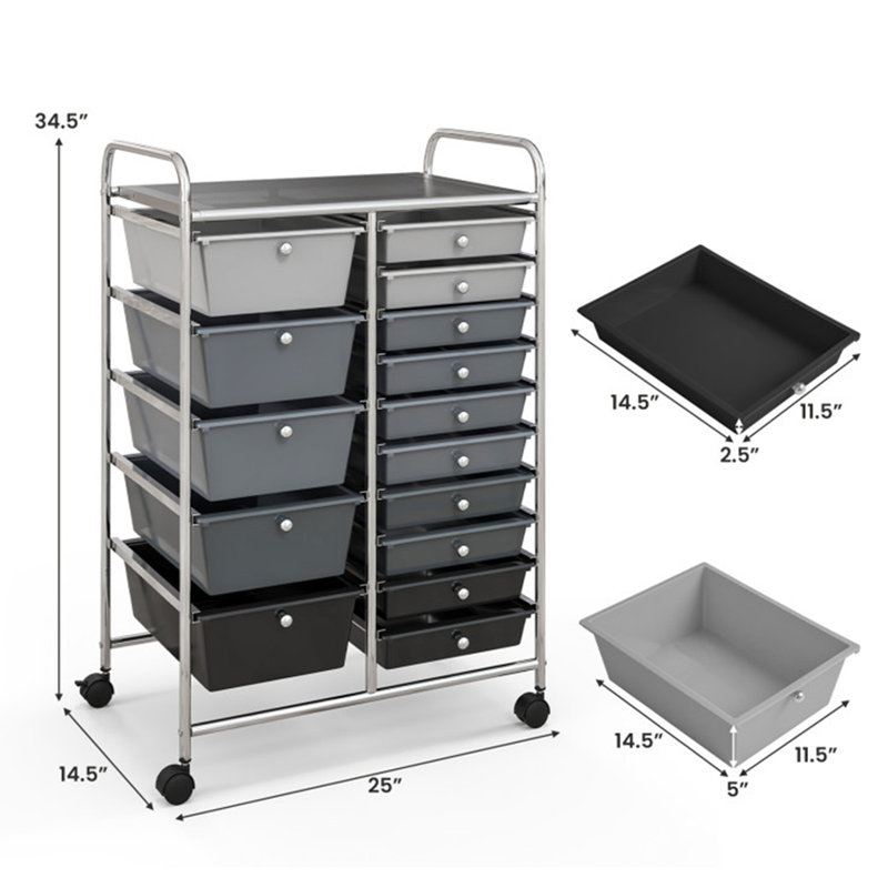 Barksdale 15-Drawer Utility Rolling Organizer Cart, Black/Gray