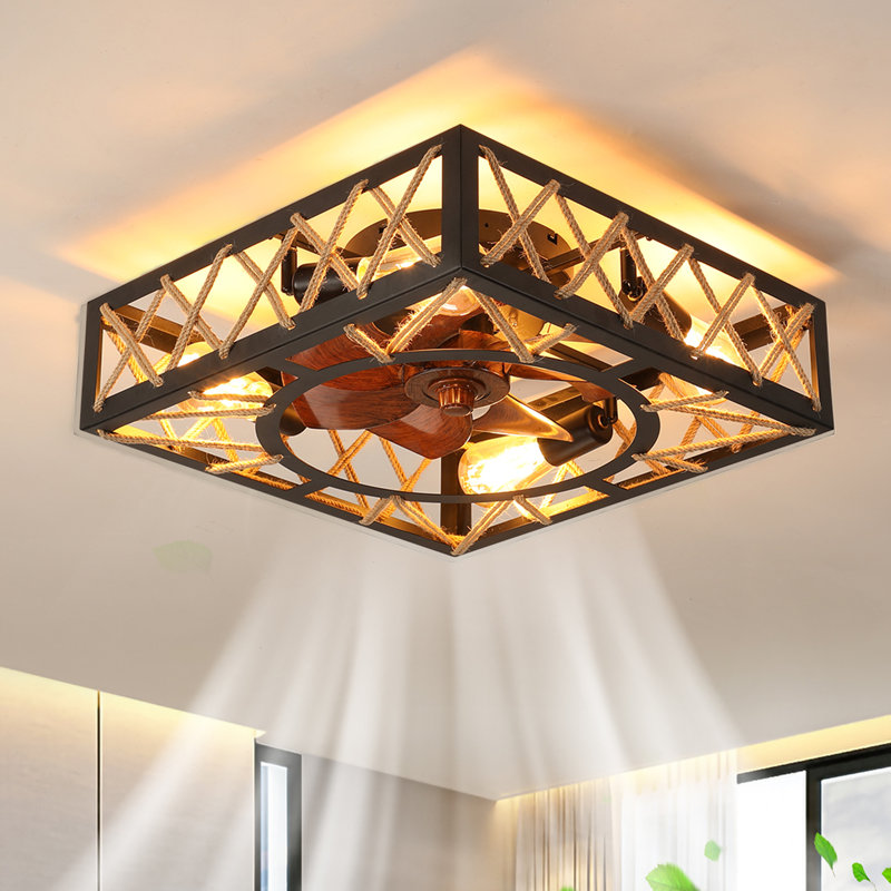 18 Inch Farmhouse Ceiling Fan And Remote Control, Industrial 6 Speeds Silent DC Motor Caged Ceiling Fan For Living Room