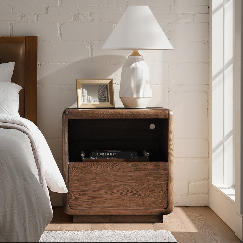 Allegan 26''W Mid-Century Modern Oak Veneer Nightstand with Charging Ports and Hidden Drawer, Walnut
