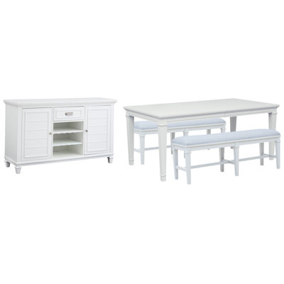 Table de salle à manger extensible grise avec 2 bancs et une desserte
