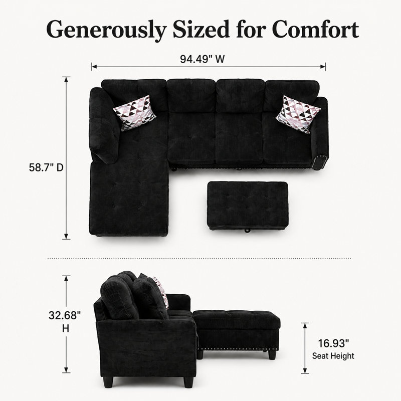 Canapé modulaire en L 94,5 po avec repose-pieds et porte-gobelets en L Corduroy, Noir