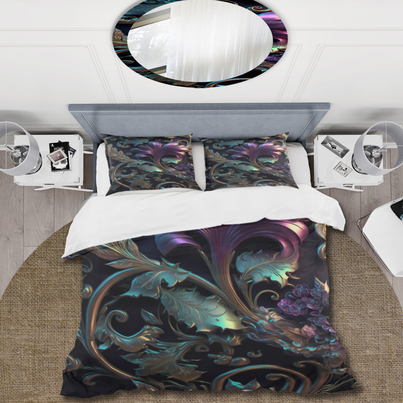 Ensemble de housse de couette abstraite fleurs ornées en mauve et or IV, Housse de couette pour grand lit et 2 taies décor