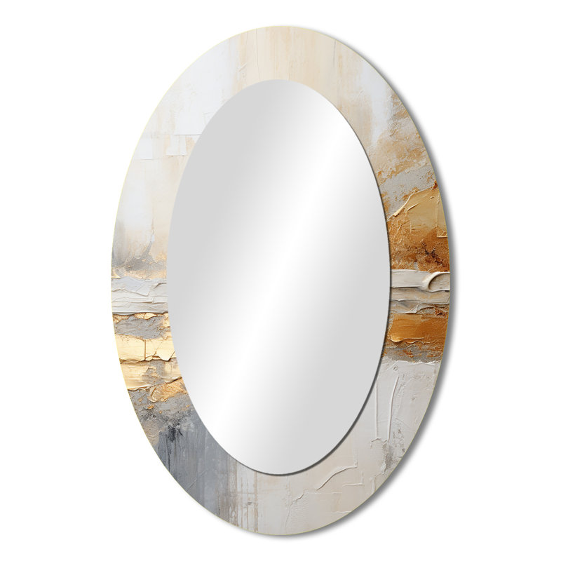 Beige abstrait Fusion I - miroir décoratif ovale côtier sur métal, 36 po x 24 po