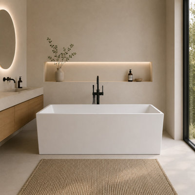 59" Freestanding Solid Surface Soaking Bathtub, Modern Square Design with Ergonomic Lumbar Support, Matte White Stone Resin Tub