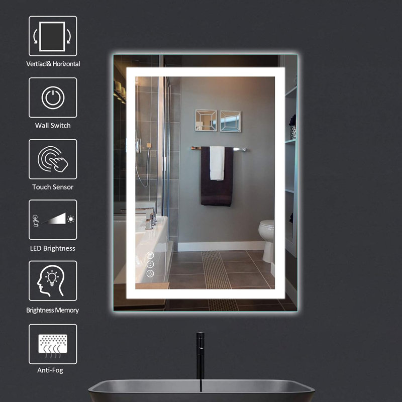 Miroir de salle de bain Amorho à DEL de 20 po x 28 po avec façade et rétroéclairage, miroirs muraux à intensité variable et antibuée, incassable, mémoire, 3 couleurs, miroir de coiffeuse à DEL (horizontal / vertical)