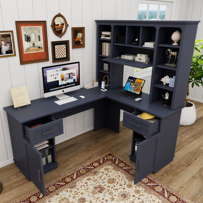 Modern L-shaped White Computer Desk For Home Office,wood Office Desk With Drawer And Bookcase, Blue