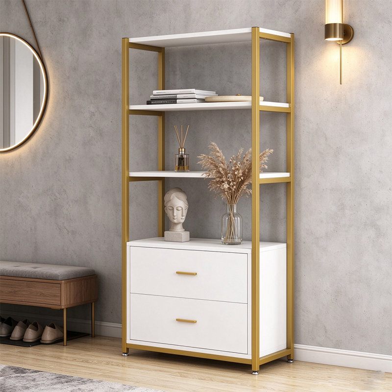 3-Tier Bookshelf with 2 Drawers, Large Storage Display Rack for Home Office, Blanc / Blanc