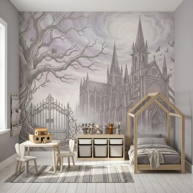 Papier peint cathédrale gothique brumeux, 100 po x 96 po, Peler et coller