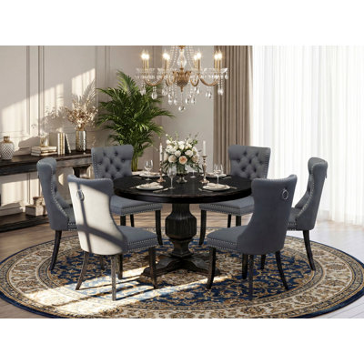 7-piece Kitchen Table Set with Polyester Fabric 6 Platinum Gray dining room chairs, Button-Tufted Backs, and a 48"Round Table in Sand Blasted Black Finish.