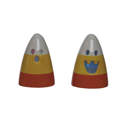 Light Up Stoneware Candy Corn, Decorative Objects, Orange, Ceramic, Set of 2, Tabletop, Living Room, Halloween, Home Decoration, Light Up LED