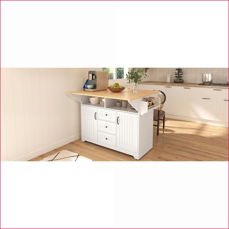 Kitchen Island 55.7'' Large Dual Drop Leaf Rolling Cart with Power Outlet, Storage, Snow White | Farmhouse | Kitchen Carts